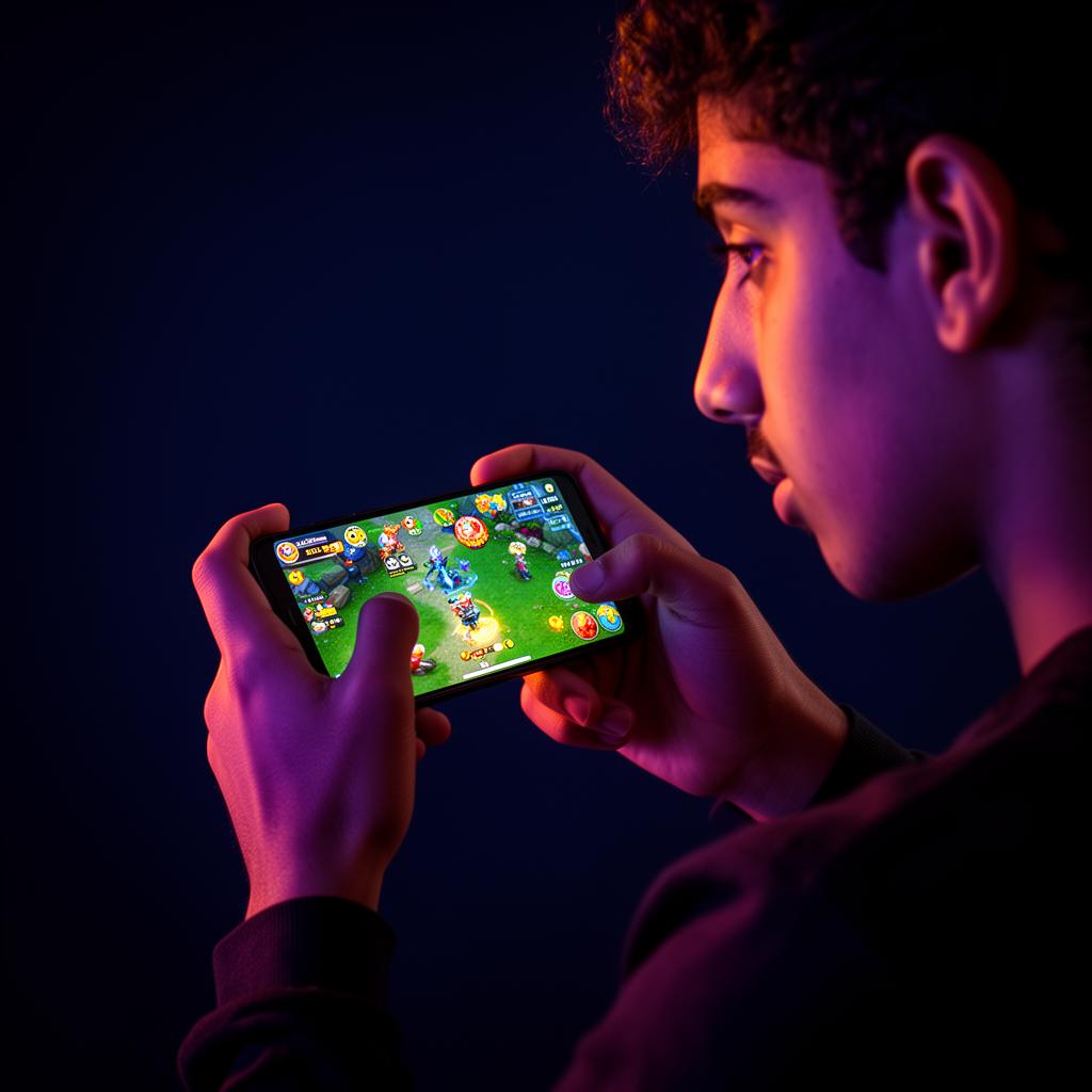 Young player gaming on smartphone